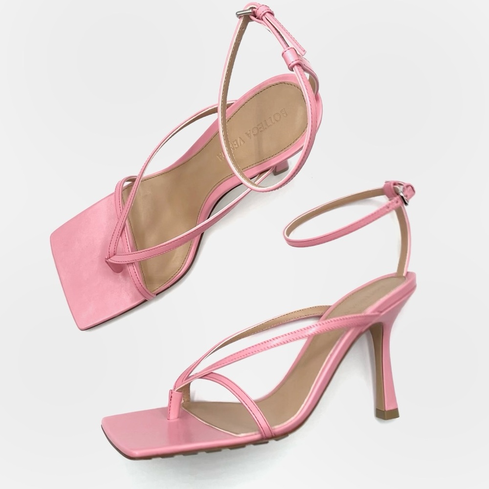 NEW Bottega Veneta Pink Stretch Square Open Toe Strappy Sandal Heels Shoes